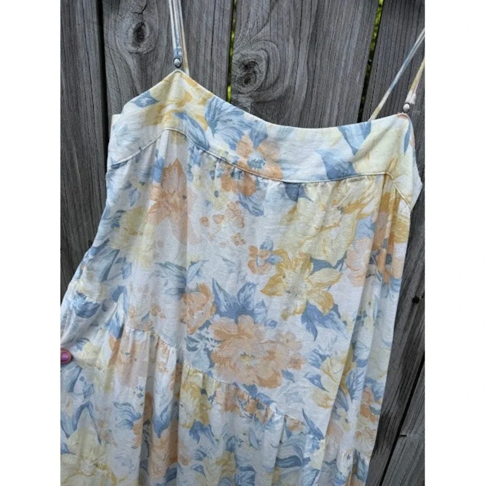Cottagecore Boho Abercrombie & Fitch Maxi Dress MT Blue Floral Tiered Linen